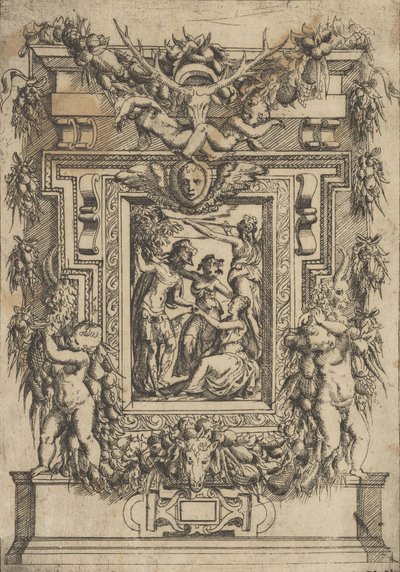 En ung mand rækker hånden til en siddende kvinde, en anden kvinde står mellem dem og..., ca. 1540-80. af Battista del Moro