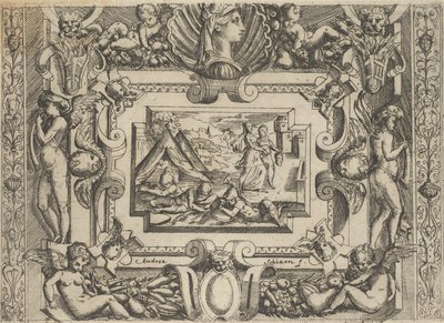Judith og tjenestepige med hovedet af Holofernes, sat inden for en kunstfærdig ramme, ca..., ca 1540-80. af Battista del Moro