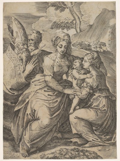 Madonna og barn med hellige efter Parmigianino. af Battista del Moro