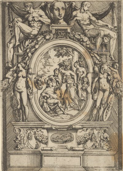 The Judgment of Paris, mand siddende til venstre rækker ud til en kvinde, der er flankeret af ..., ca. 1540-80. af Battista del Moro