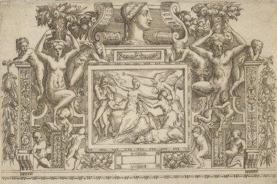 Kvinde siddende med udstrakte arme, personificering af Fame med trompet til højre,..., ca. 1540-80. af Battista del Moro