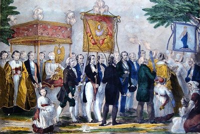 Procession af Confrerie du Tres Saint Sacrament. begyndelsen af det 19. århundrede (farve litho) af Bautz Bautz