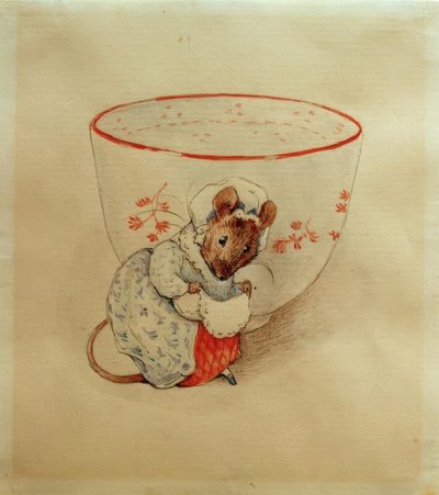 Frau Maus snurrer foran en tekop af Beatrix Potter