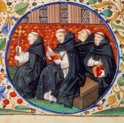 Scene af klosterliv. Detalje, der repræsenterer munke af Dominikanerordenen. Miniature taget fra "" Timebog ifølge brugen af Paris"" oplyst af Mesterens værksted i Bedford. 1450. Paris, B.N. af Bedford Master Workshop