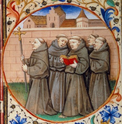 Scene af klosterliv. Detalje, der repræsenterer munke af Franciskanerordenen. Miniature taget fra "" Timebog ifølge brugen af Paris"" oplyst af Mesterens værksted i Bedford. 1450. Paris, B.N. af Bedford Master Workshop