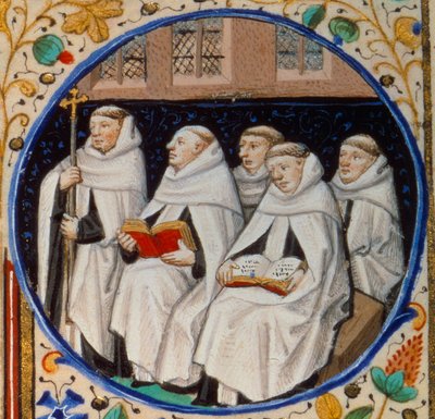 Scene af klosterliv. Detalje, der repræsenterer munke af Carmen-ordenen. Miniature taget fra "" Timebog ifølge brugen af Paris"" oplyst af Mesterens værksted i Bedford. 1450. Paris, B.N. af Bedford Master Workshop