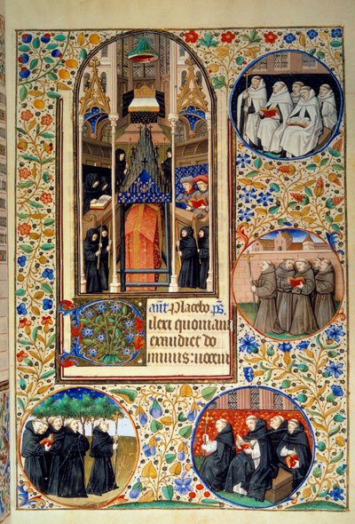 Scene af klosterliv. I medaljonerne, fra top til bund, Carmes, Franciskanerne, Dominikanerne, Augustinerne (til venstre). Miniature taget fra "" Timebog ifølge brugen af Paris"" oplyst af Mesterens værksted i Bedford. 1450. Paris, B.N. af Bedford Master Workshop