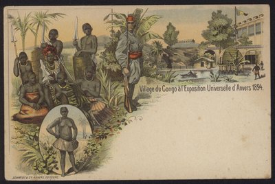 Congolesisk landsby udstillet på Exposition Internationale d"Anvers, Antwerpen, Belgien, 1894 af Belgian School