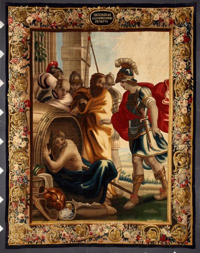 Diogene og Alexander: mødet mellem den græske filosof Diogene de Sinope (413-327 f.Kr.) i hans tønde og kong Alexander den Store (356-323 f.Kr.) i Korinth. Da erobreren spurgte ham, hvad han ville, svarede Diogene: "Tag lidt af min sol". Tryk på af Belgian School