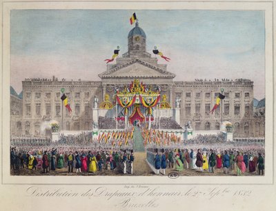 Uddeling af æresflag i Bruxelles den 27. september 1832, 1832 (farvegravering) af Belgian School