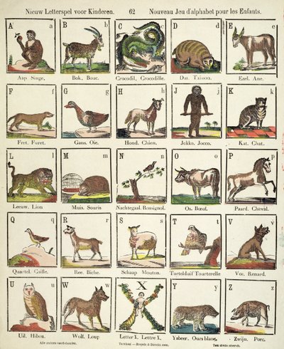 Fransk-flamsk alfabet (farvet træblokgravering) af Belgian School