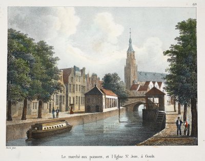 Fiskemarkedet og Johanneskirken i Gouda, ca. 1895 (fotokrom) af Belgian School