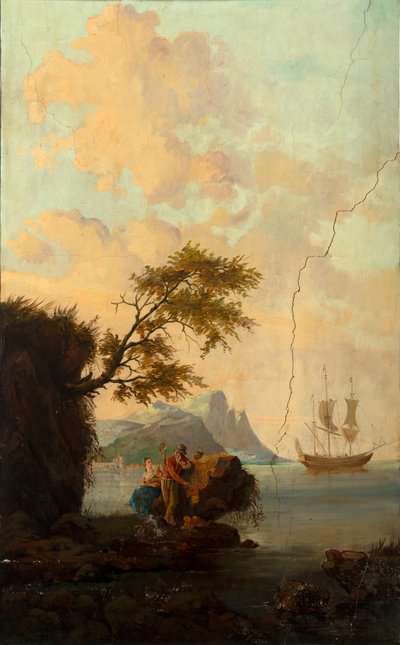 Andet baglokale på bagsiden, mødelokale, vægmalerier med landlige scener i klassisk stil, formentlig fra omkring 1810, scene 5 af Belgian School