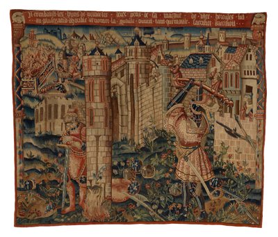 Tapestry, Hercules at the Gate of Prycus City, eller Hercules Assaulting a City, muligvis fra Tournai (uld og silke) af Belgian School