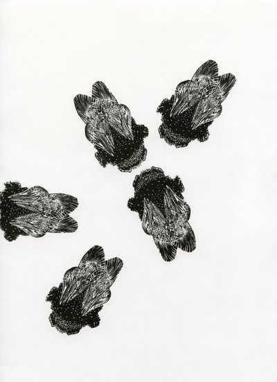 Humlebiernes møde, 2013 (trægravering på papir) af Bella Larsson