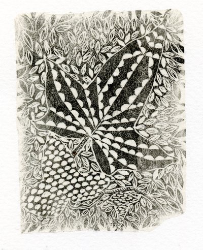Ivy, 2014, (trægravering på papir) af Bella Larsson
