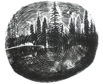 Two Woods, 2016 (træsnit på papir) af Bella Larsson