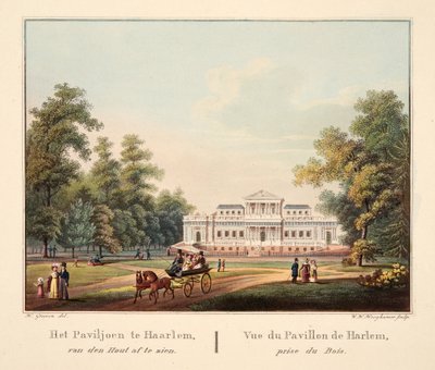 Pavillonen i Harlem, set fra skoven. Vue du Pavillon de Harlem, prise du Bois, 1825 (håndkoloreret stik) af Bendrik Greeven