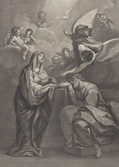 Plade 6: Sankt Josefs drøm, med Jomfru Maria til venstre og en engel over, der peger ..., 1777 af Benedetto Eredi