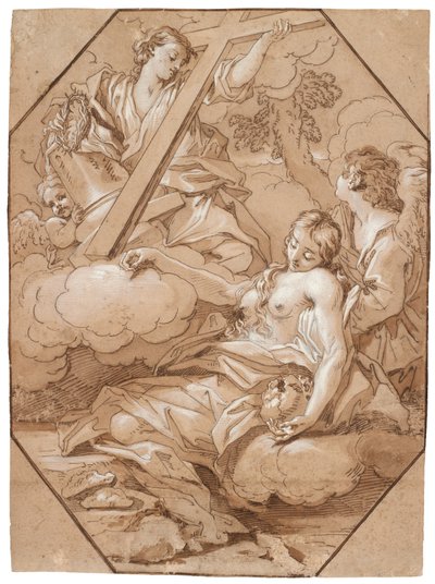 The Ecstasy of Saint Mary Magdalene, ca. 1715-19 (pen & blæk med brun vask, forhøjet med hvid, med ottekantede indramningslinjer af brunt blæk på lagt papir) af Benedetto Luti