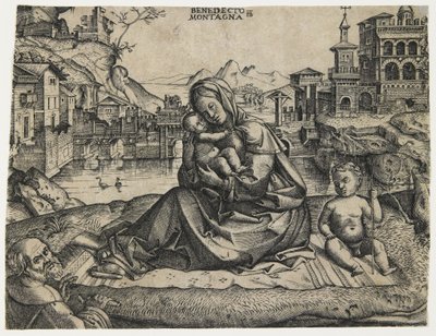 Den hellige familie med spædbarnet Saint John i et landskab, ca. 1506-1512 af Benedetto Montagna