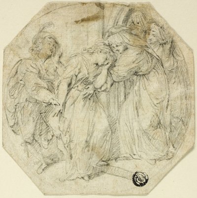 Svimende kvinde ved døren til et nonnekloster, støttet af nonne og ung mand af Benedetto Pastorini