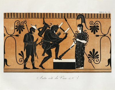 Scene fra oldgræsk vase med Herakles, der spiller lyre foran Athene med Hermes stående bag ham af Piringer (efter græsk original), kobberstik af Benedict or Benedikt Piringer