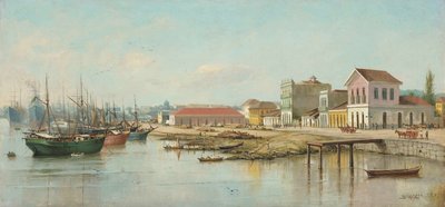 Benedito Calixto - Porto do Bispo, Santos, SP, set fra havet, 1887 af Benedito Calixto