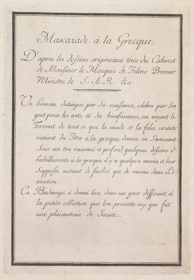 Græsk maskerade: Titelblad 1, 1771. af Benigno Bossi