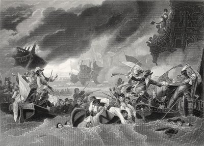 Slaget ved La Hogue, indgraveret af W. French (litho) af Benjamin (after) West