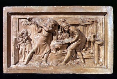 Mænd, der arbejder ved en ambolt, plakette (terracotta) af Benjamin Creswick