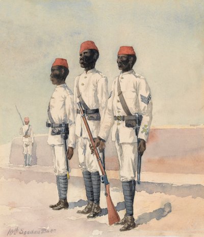 Sergent og to andre rækker fra den 10. Sudanesiske Bataljon, ca. 1889 (akvarel) af Benjamin Donisthorpe Alsop Donne