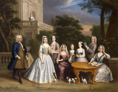 Gruppeportræt af en familie, på grunden af et landsted, af Benjamin Ferrers
