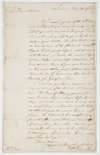 Autografbrev til Mrs. Ann Penn, London, 20. november 1766 (pen og blæk på papir) af Benjamin Franklin