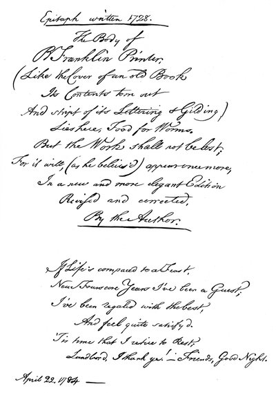Benjamin Franklins epitafium, skrevet af ham selv, 1728, 1840 af Benjamin Franklin