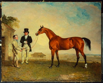 "Skiff", en bugtende væddeløbshest holdt af en brudgom på Newmarket Heath, med John Howe, ejeren af staldene, ved sin side, 1829 af Benjamin Marshall
