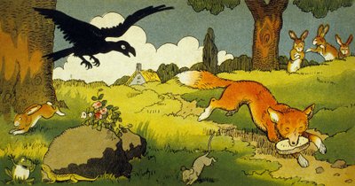 La Fontaines fabel: Kragen og ræven (illustration 1949) af Benjamin Rabier