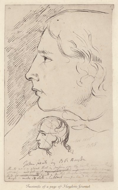 Skitse af den engelske digter John Keats fra den engelske kunstner Benjamin Haydons tidsskrift (litho) af Benjamin Robert (after) Haydon