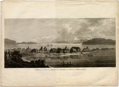 Udsigt over byen og havnen i Petropavlovsk-Kamchatsky fra rejsen til Stillehavet, 1785 af Benjamin Thomas Pouncey