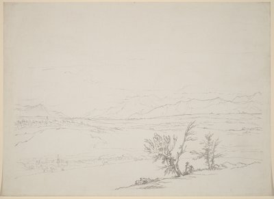 Et alpelandskab med et par siddende ved træer med udsigt over en dal af Benjamin West