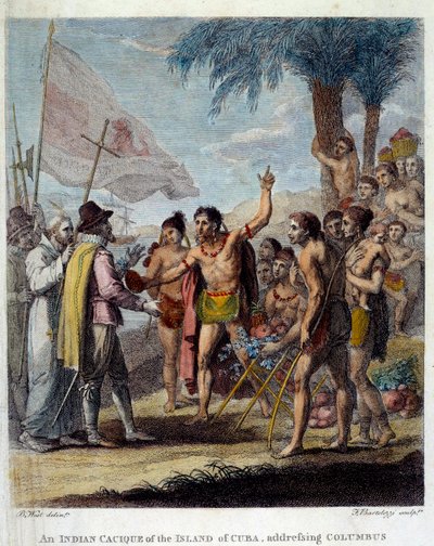 En indisk Cacique fra øen Cuba byder Christopher Columbus (1451-1506) og europæiske militære og kirkelige repræsentanter velkommen til at diskutere oprettelsen af en ny stat. Frontispice af "Civil and Commercial History of the British Colonies of the W af Benjamin West