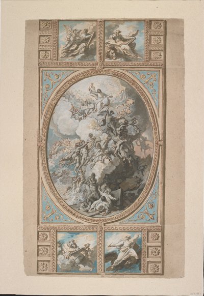 Design til loftudsmykningen af Royal Chapel, Windsor Castle (recto), ca. 1779 (sort kridt, pen & brunt blæk & akvarel, forhøjet med strejf af hvid, grå & blå kropsfarve & brun vask af Benjamin West
