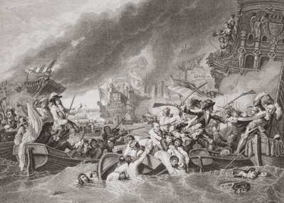 Slaget ved La Hogue, ødelæggelse af den franske flåde, 22. maj 1692, fra `Illustrationer af engelsk og skotsk historie