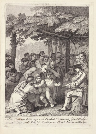 Indianerne afleverede de engelske fanger til oberst Bouquet nær hans lejr ved Forks of Muskingham i Nordamerika i november 1764 af Benjamin West