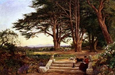 Læsning på terrassens trin 1896. En kvinde sidder og læser på en trappe i en have, tre små hunde lytter til hende. Maleri af Benjamin Williams Leader (1831-1923, britisk) Privat samling af Benjamin Williams Leader