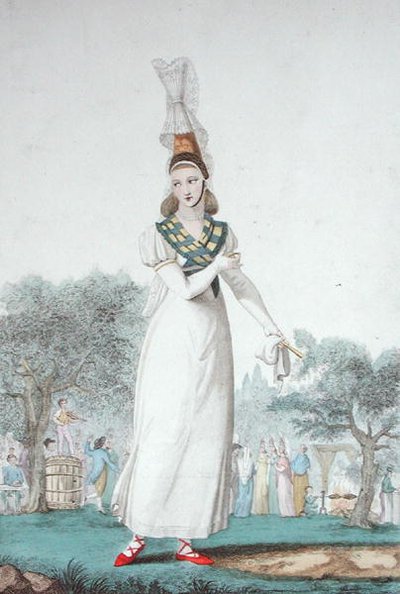 En Cauchoise i traditionel dragt til festdage, indgraveret af Gatine ca. 1830 (farve litho) af Benoit (after) Pecheux