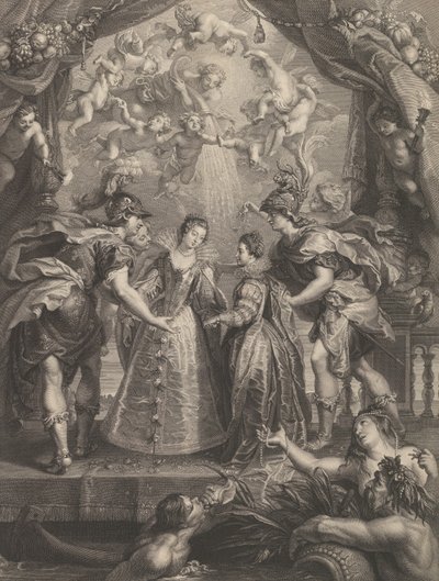 Plade 17: Udvekslingen af de to prinsesser i Hendaye, allegorisk scene med Anne af..., 1707-10 af Benoit Audran I