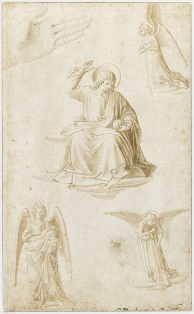 Studier af en hånd, tre engle og Kristus som Salvator Mundi, anden halvdel af det 15. århundrede af Benozzo Gozzoli