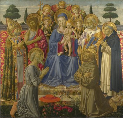 Jomfruen og barnet troner blandt engle og hellige, 1460