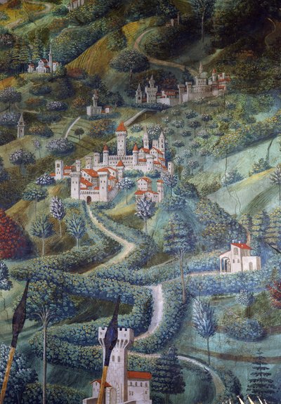 Slotte, landskabsdetaljer fra Procession of Magi af Benozzo di Lese di Sandro Gozzoli